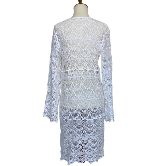 Boho Long Sleeve White Crochet Knit Hollow-Out Beach Coverup - Picture 12 of 15